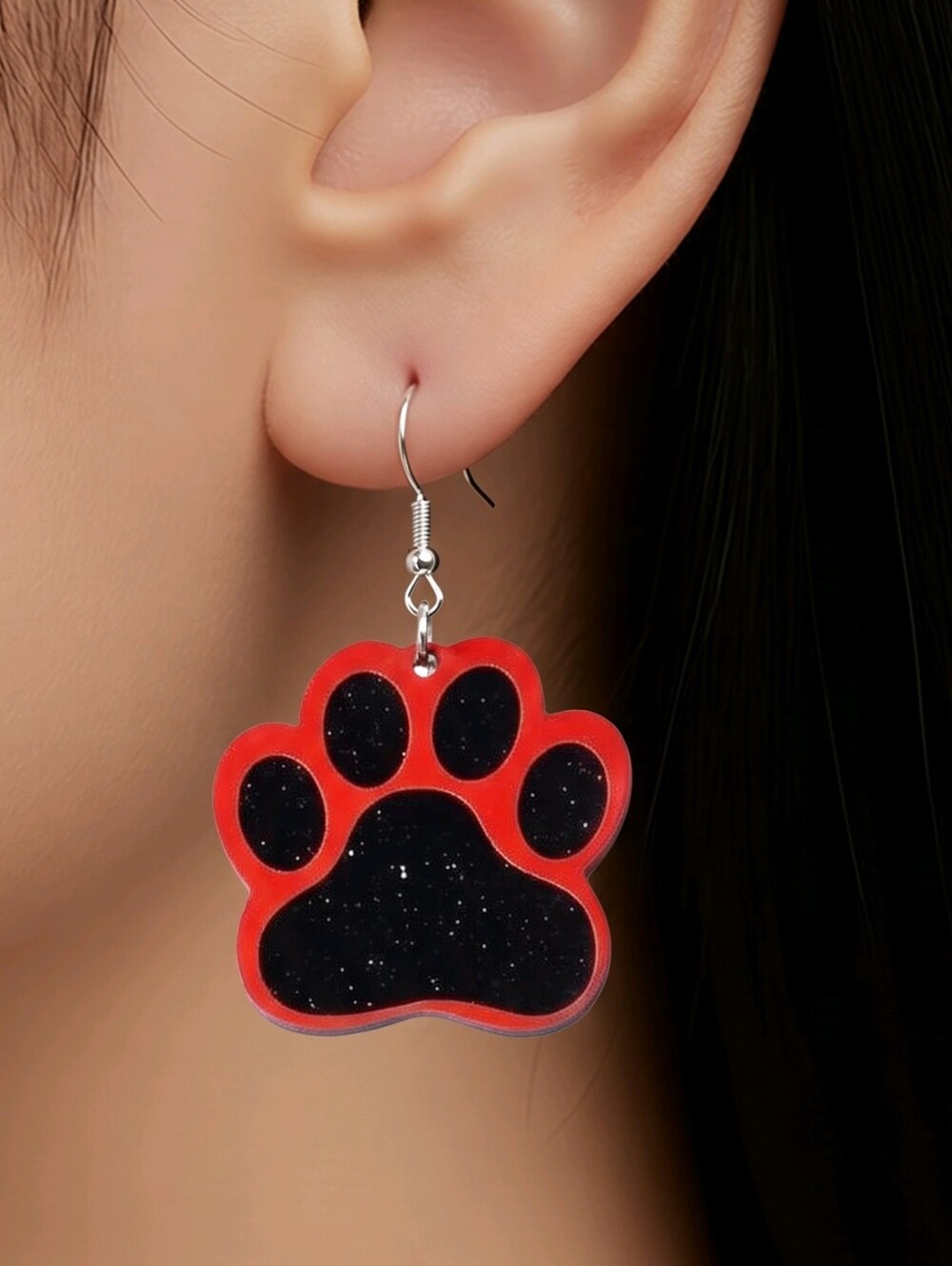 Red Black Paw Print Glitter Dangle Earrings Team Spirit Mascot Acrylic Game Day